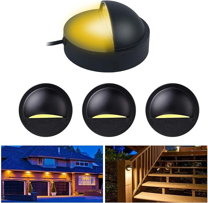 RNEHON 4-Pack 2W Low Voltage LED Deck Lights, Φ3.94inch Landscape Step Railing Fence Light, Die-cast Aluminum, IP 65 Waterproof Outdoor Stair Light Warm White for Stair,Walkway,Deck, Step,Yard (Black)