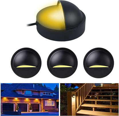 RNEHON 4-Pack 2W Low Voltage LED Deck Lights, Φ3.94inch Landscape Step Railing Fence Light, Die-cast Aluminum, IP 65 Waterproof Outdoor Stair Light Warm White for Stair,Walkway,Deck, Step,Yard (Black)