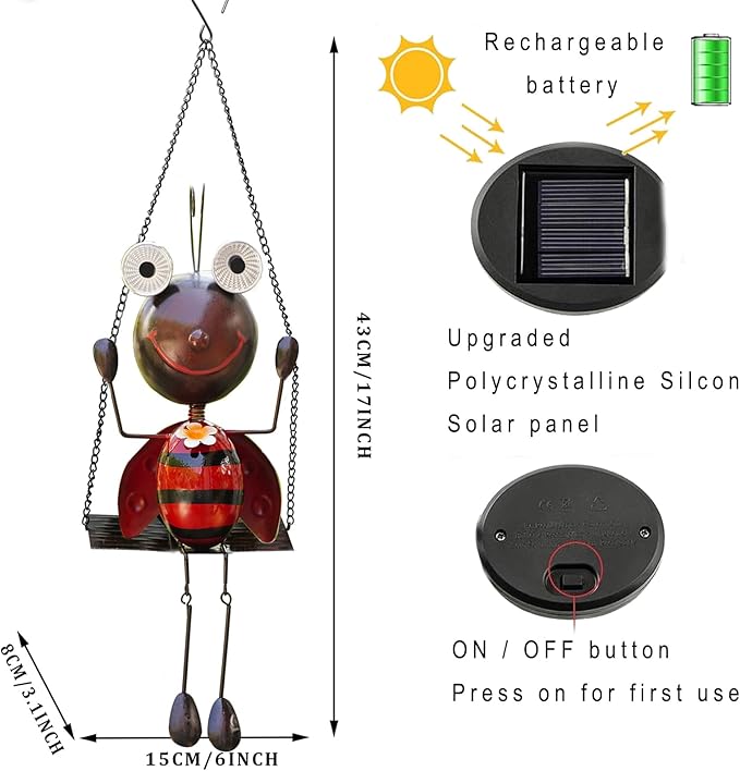 Glowing Ladybug Swing Solar Lights - Adorable Animal Outdoor Garden Decor - Waterproof Solar Lanterns Lamp for Patio Yard Pathway - Gifts for Mom Grandma Women