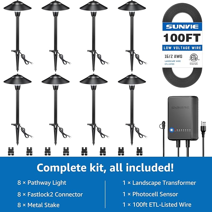 SUNVIE All-in-One LED Pathway Lighting Kit, 8-Pack Low Voltage Landscape Lights with Transformer and 100FT 16/2 AWG | Lumora