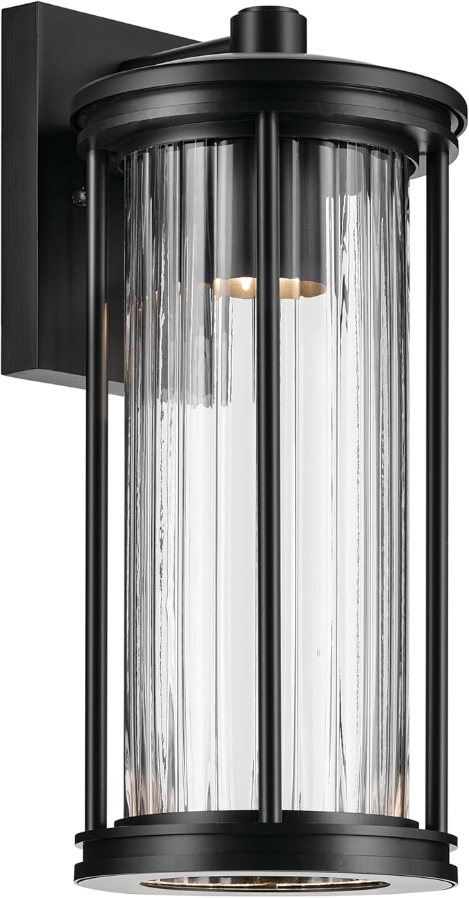 Kichler Barras 16" 1-Light Outdoor DarkSky Approved Wall Sconce with Clear Ribbed Glass in Black, Vertical Mount | Lumora