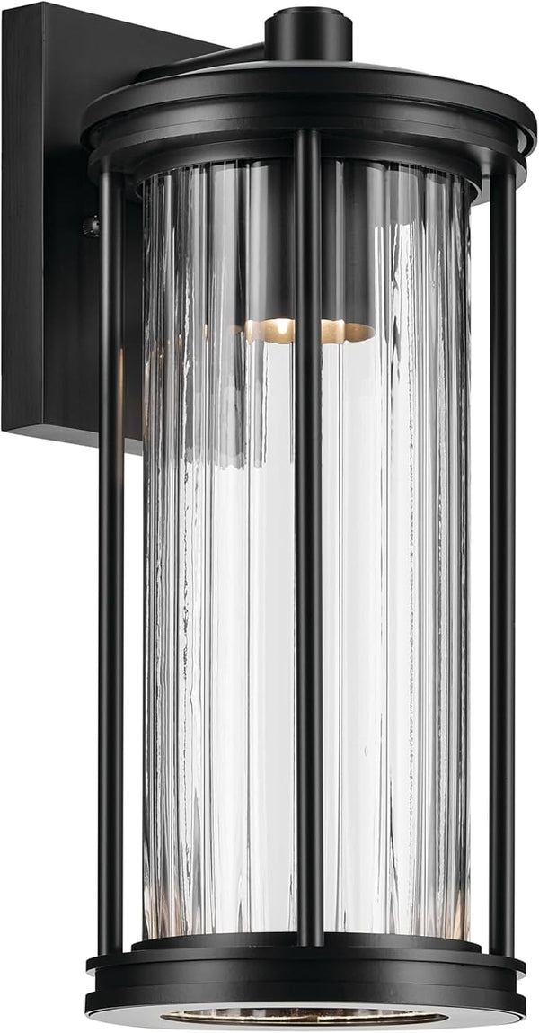 Kichler Barras 16" 1-Light Outdoor DarkSky Approved Wall Sconce with Clear Ribbed Glass in Black, Vertical Mount | Lumora