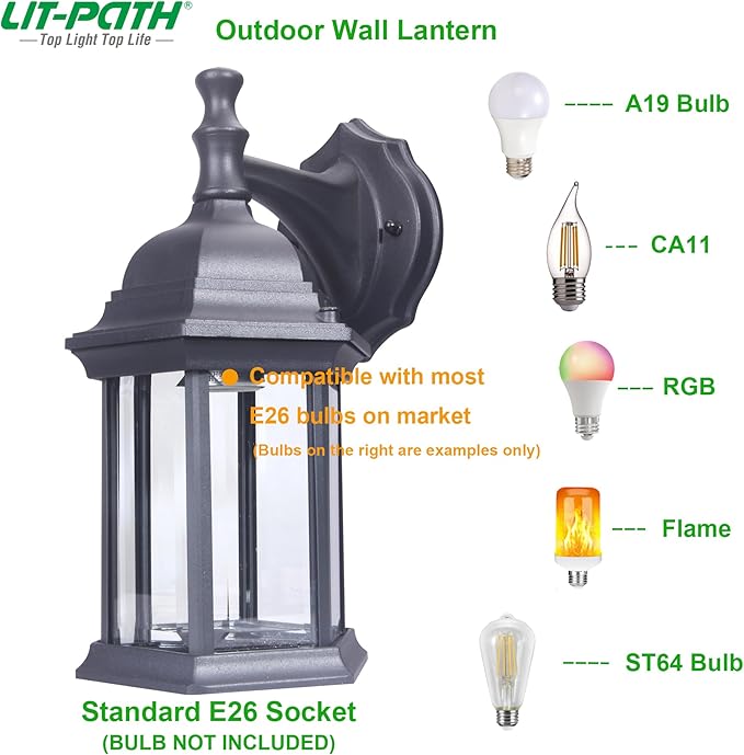 LIT-PaTH Outdoor Wall Lantern, Wall Sconce as Porch Lighting Fixture, E26 Medium Base Max 60W, Aluminum Housing | Lumora