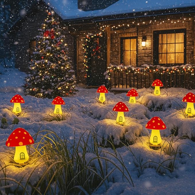 Yard/Garden Decorations, 4-Pack Yimmloome Ourdoor Warm-House Mushroom Solor LED Light for Garden Pathways, Patios, Flower Beds, or Balconies