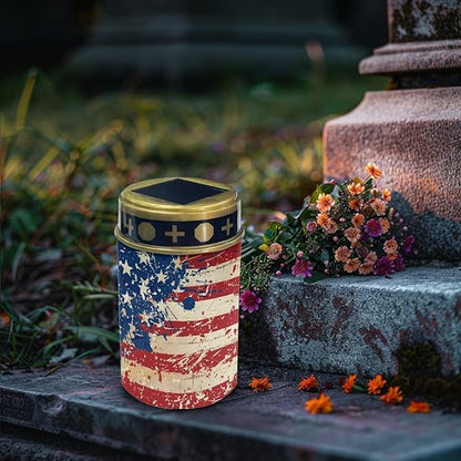 American Flag Print Solar Lights Outdoor Garden, Waterproof Solar Powered Stake Lights for Dad Grandma Garden Yard Gravesite Decorations