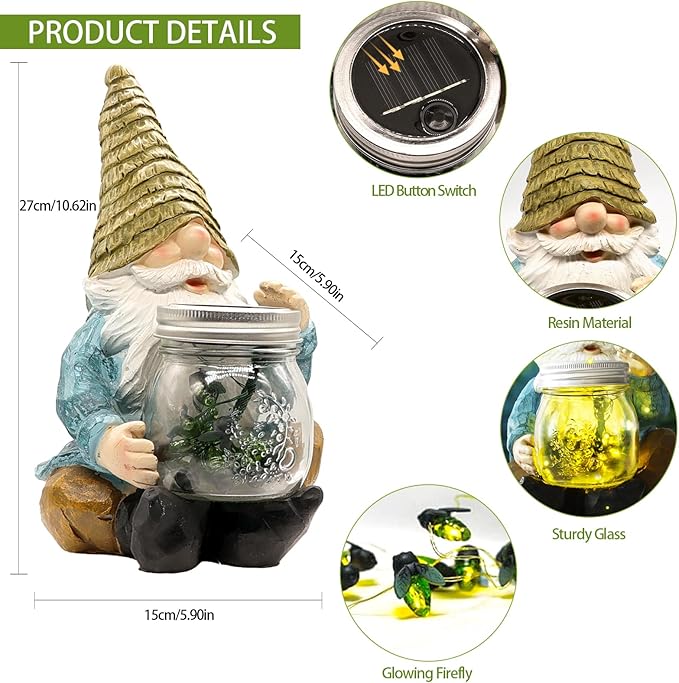 Solar Firefly Jar Gnome Waterproof - Large Garden Gnome Funny Solar Outdoor LED Lights Resin Statues 10.6" Lantern | Lumora