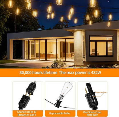 Outdoor String Lights 300ft Waterproof Shatterproof Patio String Lights for Outside with 159 Vintage ST38 LED Bulbs(9 Spare), Dimmable Hanging Lights for Backyard Porch Balcony Party Decor, Warm White
