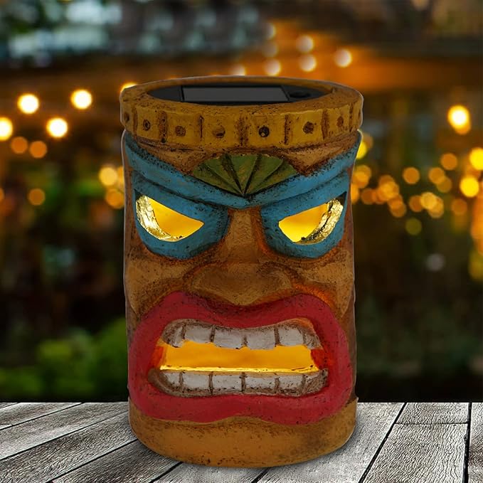 Tiki Head Solar Statue Light for Garden Decor and Bar Decoration (Blue)