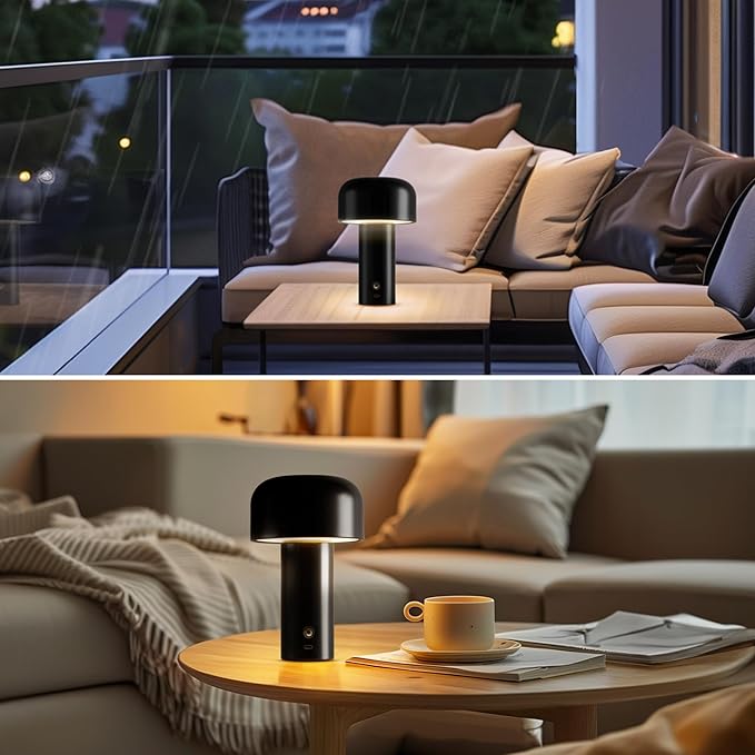 Globe Electric 60000118 8" 1.5W LED Integrated Outdoor Table Lamp, Black, Plug-in Rechargeable Battery, USB-C Cable, Frosted Acrylic Diffuser, 4-Step Dimmer Touch Switch, Wet Rated