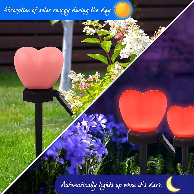 Valentines Day Red Heart Solar Lights Outdoor, 2Pcs Waterproof Valentines Day Solar Garden Light LED Heart Lights Wedding Decorations for Yard Walkway Outside (Pink)