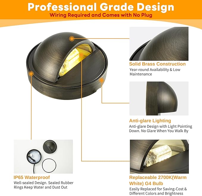 Gardenreet Low Voltage Deck Lights - Landscape Solid Brass Step Lights Outdoor, 12V LED Hardwired Waterproof, Round | Lumora