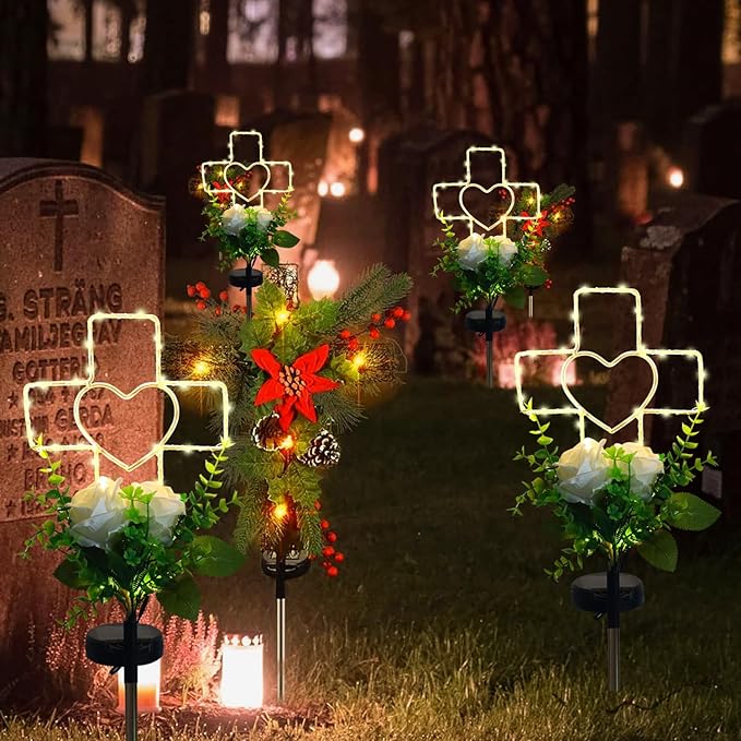 Lmtocs Solar Cross Grave Decorations for Cemetery Loved One, Memorial Sympathy Gifts for Loss of Loved One, Cemetery Decorations for Memorial Day, Mother Day, Father Day, Christmas Grave Decorations