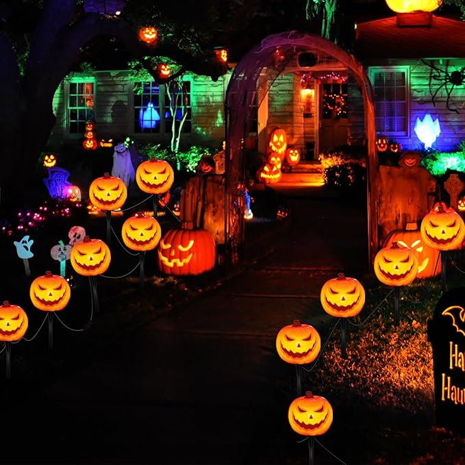 SUNSGNE Halloween Pathway Lights, Set of 4 Halloween Pumpkin Stake Lights with 5 C7 LED Light Bulbs(1 Spare), Connectable Pumpkin Light for Path Walkway Driveway Garden Decorations