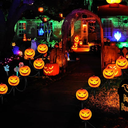 SUNSGNE Halloween Pathway Lights, Set of 4 Halloween Pumpkin Stake Lights with 5 C7 LED Light Bulbs(1 Spare), Connectable Pumpkin Light for Path Walkway Driveway Garden Decorations