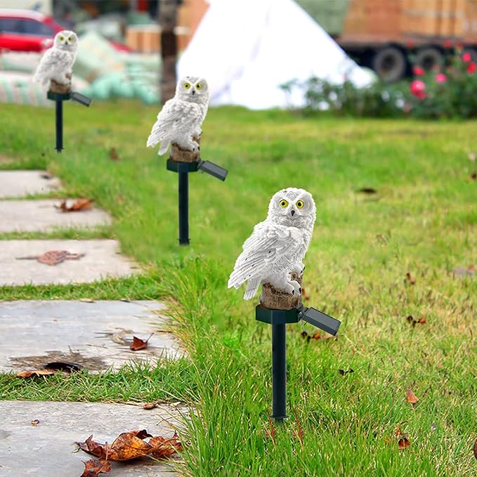 2 Pack Owl Solar Lights Outdoor Garden Resin Waterproof Garden Decorations with Stake for Patio, Yard, Lawn, Walkway Decoration Scare Birds Away(White)