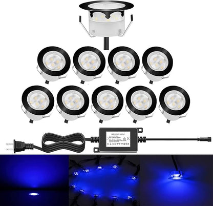 Low Voltage LED Deck Lighting Kit Stainless Steel 1W Waterproof Outdoor Yard Garden Decoration Lamps Landscape Pathway Patio Step Stairs LED In-ground Lights Black Border(10pcs,Blue)