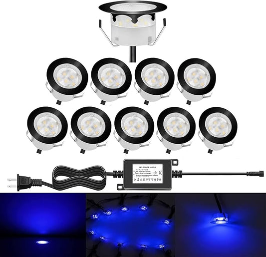 Low Voltage LED Deck Lighting Kit Stainless Steel 1W Waterproof Outdoor Yard Garden Decoration Lamps Landscape Pathway Patio Step Stairs LED In-ground Lights Black Border(10pcs,Blue)