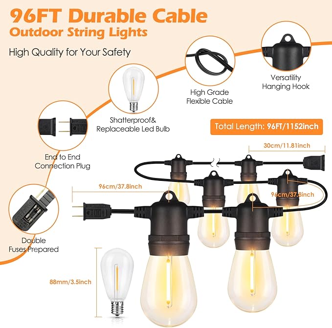 96FT S14 Outdoor String Lights Bundle with 25FT ST38 Led String Lights - Warm White