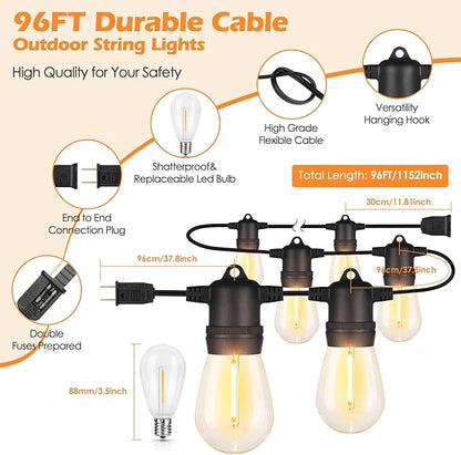 96FT S14 Outdoor String Lights Bundle with 25FT ST38 Led String Lights - Warm White