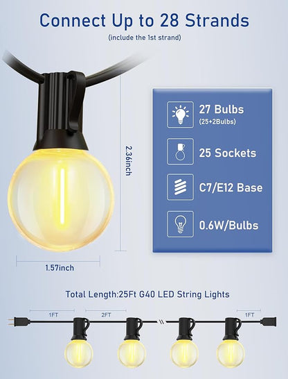 Abeja 50FT Globe Led Outdoor String Lights, Shatterproof Outdoor Patio String Lights with with 25 +2 LED Plastic Clear Bulbs, Hanging Bistro Light Waterproof for Café Bistro Pergola Tents-Black Wire