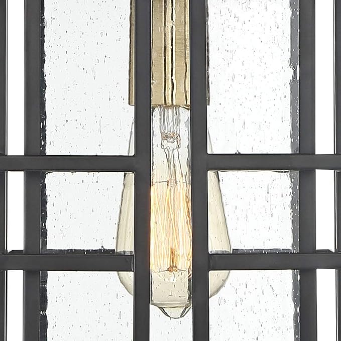 Possini Euro Design Arley Modern Outdoor Hanging Ceiling Light Fixture Black Geometric Frame 12 1/2" Seedy Glass | Lumora