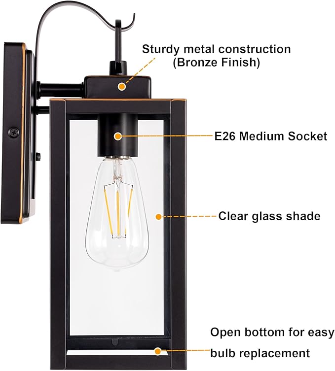 GRUENLICH Outdoor Wall Lantern, Wall Sconce for Porch Lighting Fixture, E26 Base Max 60W, Metal Housing Plus Glass, Oil Rubbed Bronze Finish, Bulb Not Included, 1-Pack