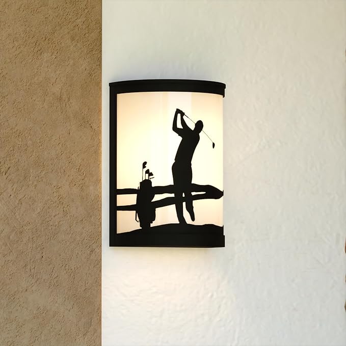 VAXCEL Links 1-Light 8 in. Wide Black Indoor-Outdoor Flush Mount Wall Sconce with Metal Golfer Cutout and Frosted | Lumora