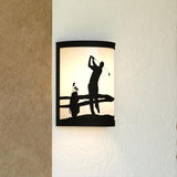 VAXCEL Links 1-Light 8 in. Wide Black Indoor-Outdoor Flush Mount Wall Sconce with Metal Golfer Cutout and Frosted | Lumora