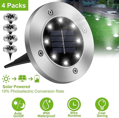 4Pcs Solar Ground Lights, IP65 Waterproof 8 LED Landscape Lighting Disc Light Pathway Lights Buried In-Ground for Pathway Garden Yard Lawn Walkway Landscape Driveway Outdoor