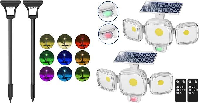 CINOTON 2 Pack RGBCW Solar Pathway Outdoor Lights and Solar Motion Sensor Outdoor Lights White 2 Pack