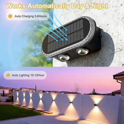 Ellasay Fence Lights Solar Powered: Outdoor LED Wall Lighting Dual Beam and 3 Color Modes IP65 Waterproof 12H Long Lasting Easy Mount for Garden Patio Backyard 2 Pack