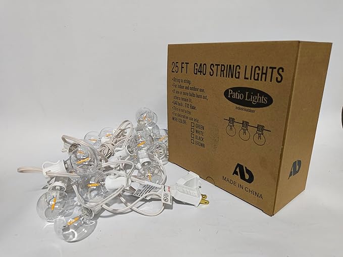 AD 25Ft Globe Led Outdoor String Lights Waterproof Shatterproof, Connectable Hanging Patio String Lights with 25 LED Plastic Clear Bulbs for Café Bistro Pergola Tents