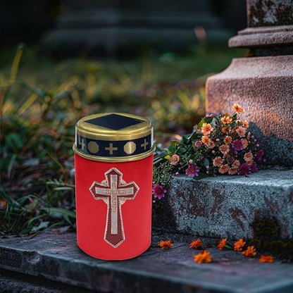 Red Solar Cross for Cemetery Grave Decorative Solar Lights Waterproof Outdoor Solar Cemetery Lights for Grave Set of 2 Solar Powered Cemetery Solar Lights for Prayer Decor Candle Lamp