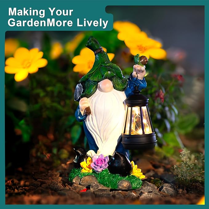 Solar Garden Gnome Statue – St Patrick’s Day Outdoor Decorations Funny Leprechaun Figurine with LED Lantern Waterproof Resin Leaf Hat Dwarf Sculpture for Patio Lawn Yard Art and Housewarming Gift