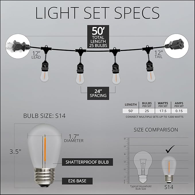 Wintergreen Lighting 50ft S14 Shatterproof Outdoor String Lights, 25 Edison Bulbs on Suspended Sockets Dimmable LED | Lumora