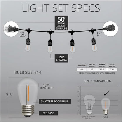 Wintergreen Lighting 50ft S14 Shatterproof Outdoor String Lights, 25 Edison Bulbs on Suspended Sockets Dimmable LED Commercial Grade String Lights, Connectable, Black SJTW Wire