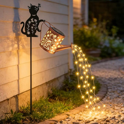 Solar Outdoor Garden Decorative, Watering Can with Light, Featuring Metal Cat Silhouette Garden Stake, Mother's Day Gift for Women, Waterproof Garden Decor (1 Pc Cat Watering Can Light)