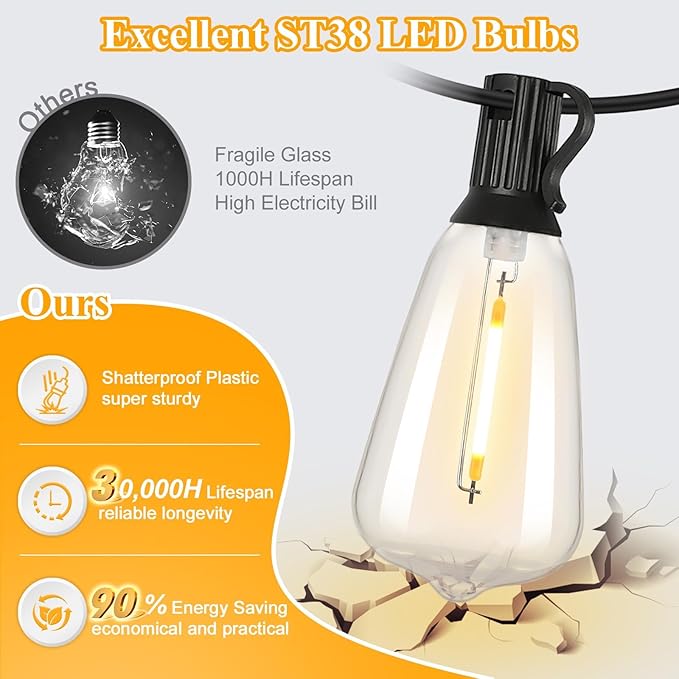 LED Outdoor String Lights 100FT Patio Lights with 25 Shatterproof ST38 Vintage Edison Bulbs, Outside Hanging Light Waterproof for Porch, Deck, Garden, Backyard, Balcony, Dimmable 2700K