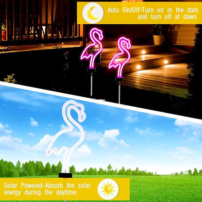 Flamingo Solar Lights Outdoor Neon Light Yard Pink Flamingo Waterproof Decorations for Garden Patio Yard Pathway Decoration(2 Pack)