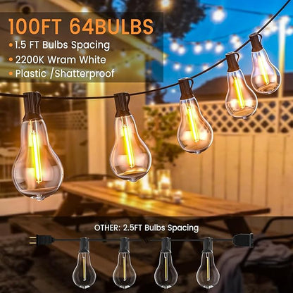 Patio Lights, 100FT Patio Lights with 64+5 Bulbs(1.5FT Bulbs Spacing), Outdoor String Lights, Remote & Dimmer, 3 Mode Light & Timing, 65PC Mounting Ties for Outside, 2200K (Black)