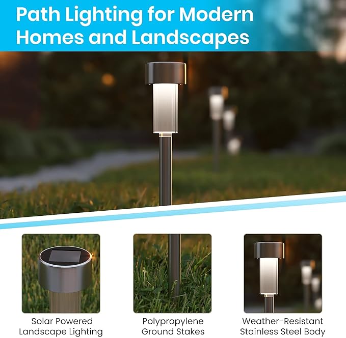 Flash Furniture Hartford 12 Pack LED Solar Lights - All-Weather Stainless Steel Outdoor Solar Powered Lights - Landscape Lighting for Pathway, Garden, & Yard
