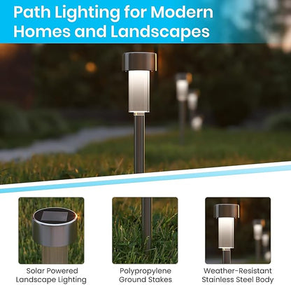 Flash Furniture Hartford 12 Pack LED Solar Lights - All-Weather Stainless Steel Outdoor Solar Powered Lights - Landscape Lighting for Pathway, Garden, & Yard