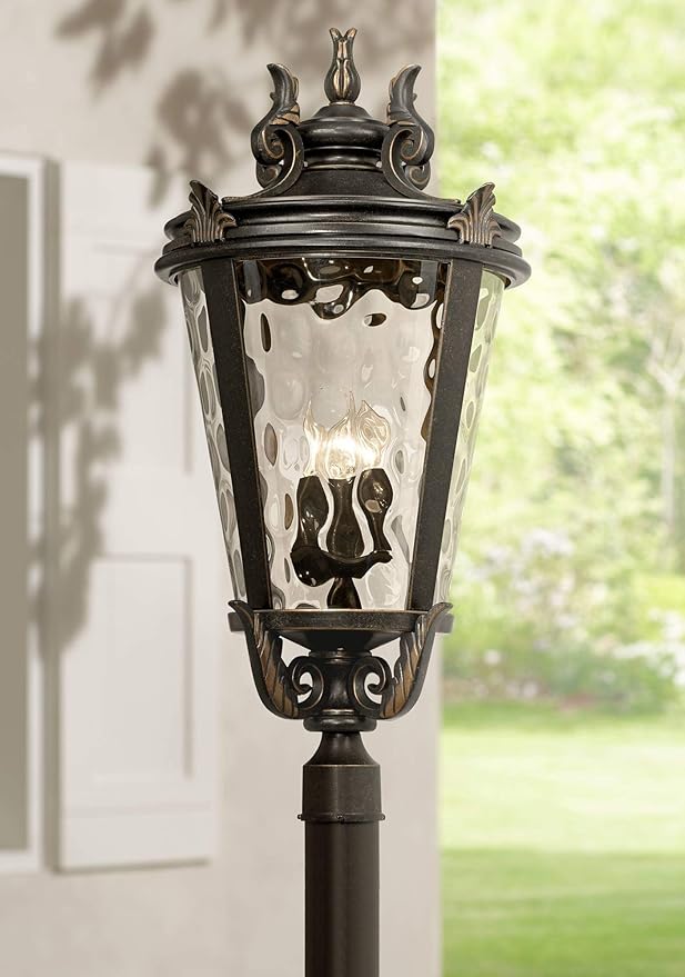 John Timberland Marseille Vintage Outdoor Post Light Fixture Veranda Bronze Scroll 33 1/2" Champagne Hammered Glass | Lumora