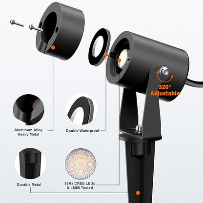 Low Voltage Landscape LED Spotlight, 3W 12V AC/DC Outdoor Waterproof Garden Lights for Yard, Pathway, Tree Up Lighting, Warm White 3000K High CRI 95+ Heavy Duty Light Fixture, Black