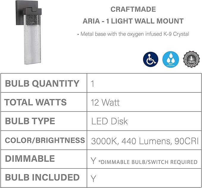 Craftmade Z1604-TB-LED Aria Crystal Outdoor LED Wall Sconce, 1-Light 12 Watt (6"W x 15"H), Textured Matte Black