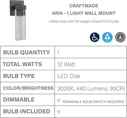 Craftmade Z1604-TB-LED Aria Crystal Outdoor LED Wall Sconce, 1-Light 12 Watt (6"W x 15"H), Textured Matte Black