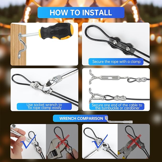 164FT Black Vinyl-Coated 304 Stainless Steel Cable – Heavy Duty String Lights Hanging Kit with Turnbuckle, Thimble | Lumora