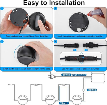 Low Voltage LED Deck Lights kit with Transformer Timer and Photocell Sensor, IP67 Waterproof Fence Lights, Warm White Deck Lighting for Outdoor Walkway Stair post Railing, UL-Listed Cord 8Pack