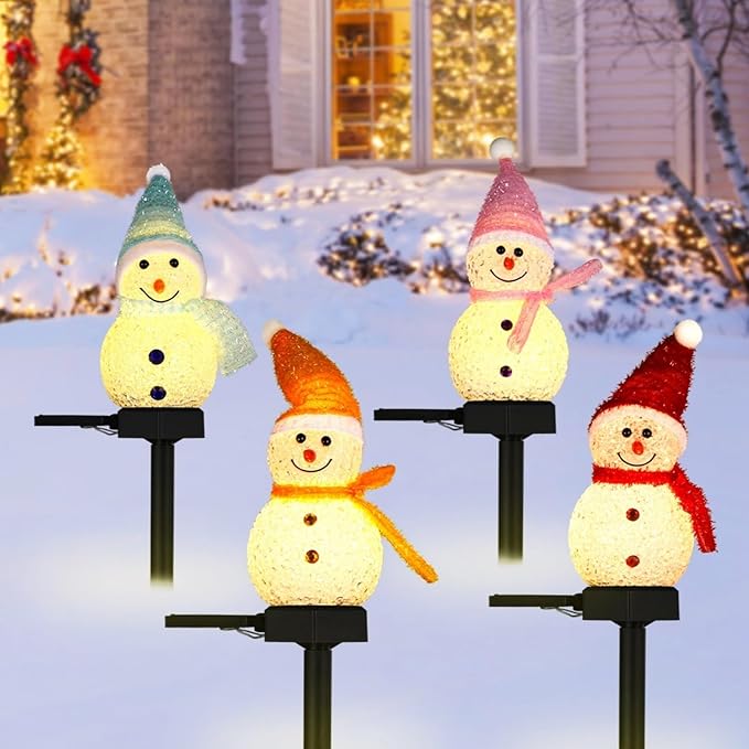 4-Piece Solar Snowman Led Lights, Outdoor Christmas Garden Stake Lights, Waterproof Solar Pathway Lights for Yard & Holiday Decor