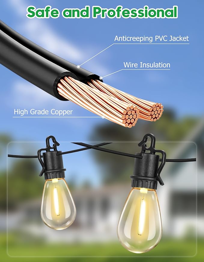 100FT Outdoor String Lights with 35 Shatterproof Patio Deals S14 Vintage Edison Bulbs E12 Sockets,2700K Dimmable | Lumora